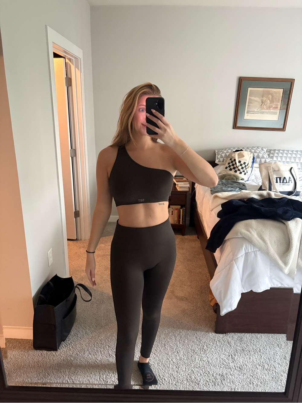 SET Active One-Shoulder Sports Brami and High-Waist Leggings in Black